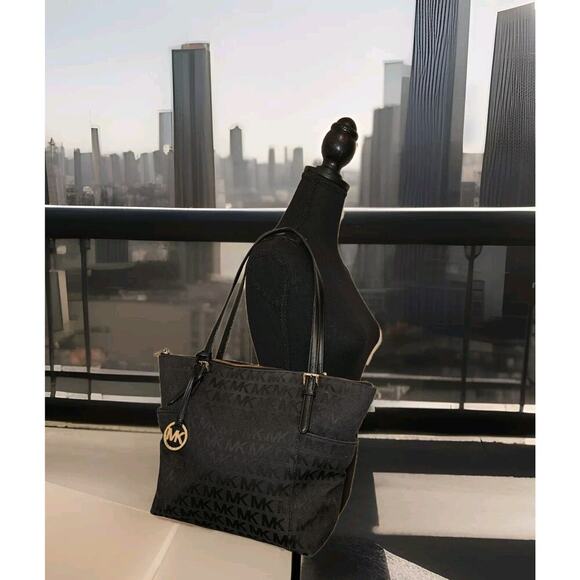 MICHAEL KORS Jet Set Black Signature Logo Canvas Tote Bag 16x11.5x4 - Picture 1 of 14